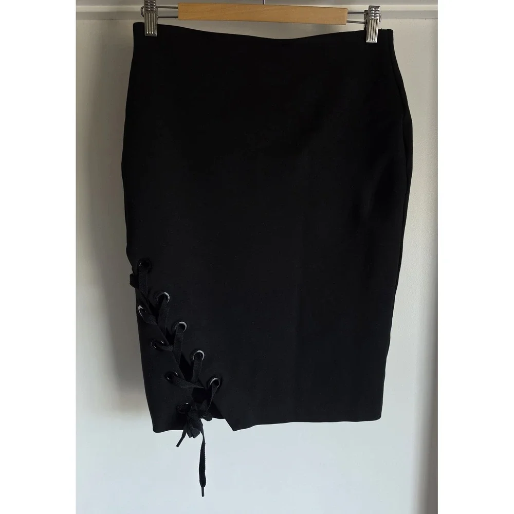 Guess Black Skirt Size M Solid Midi Pencil Straight Women Lace up Detail